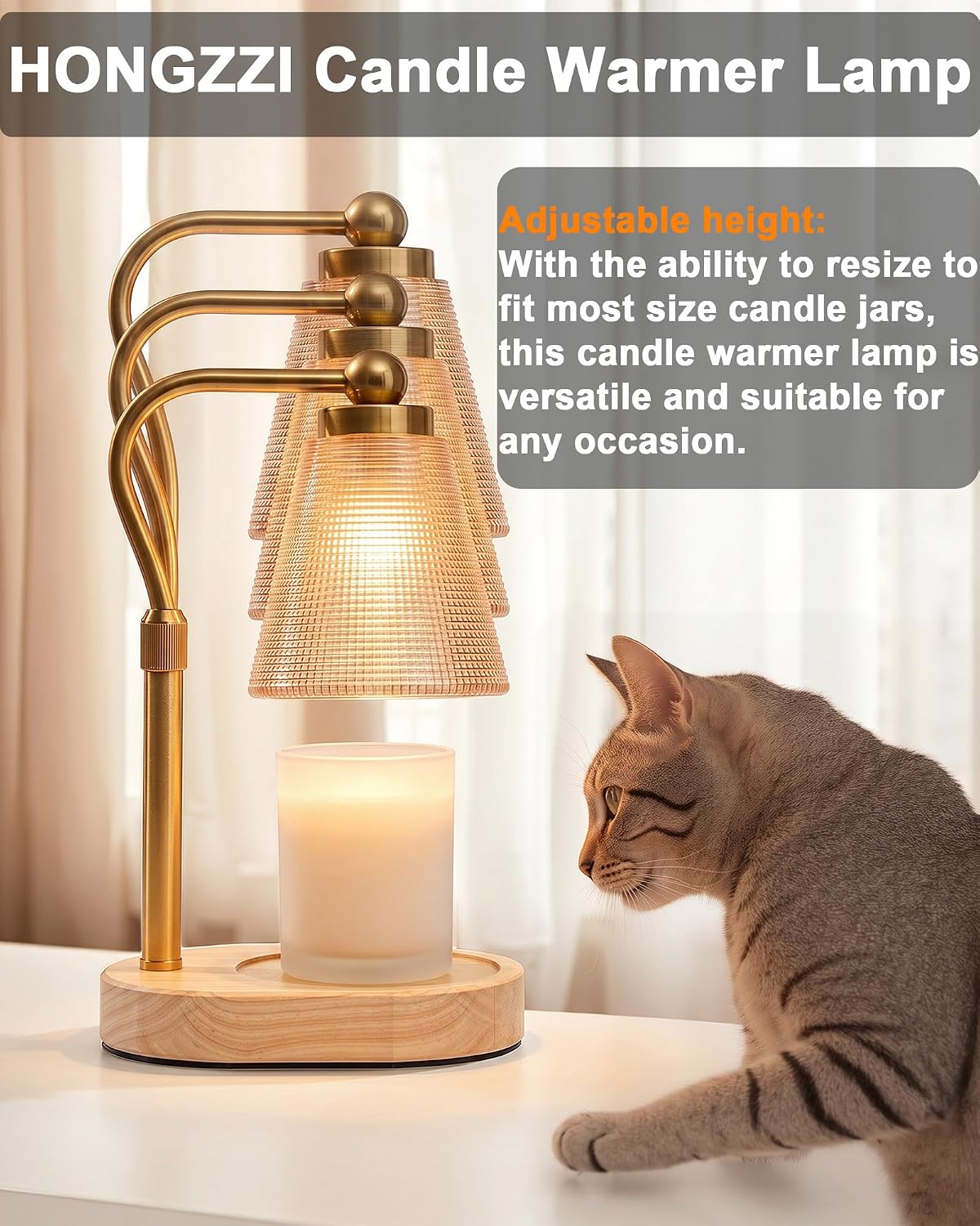 Candle Warmer Lamp with Timer - Adjustable Height & Brightness - Wood Base Glass Shade - 2 Bulbs Included(Square Gold)