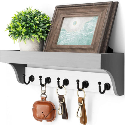 Rebee Vision Farmhouse Key Holder for Wall - Decorative Wooden Mail Organizer with 5 Rustic Key Hooks and Floating Shelf for Home Decor, Hallway, Entryway, Appartment (Retro Brown)