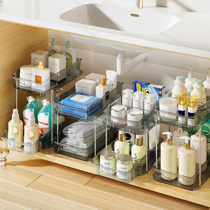 Delamu 2-Tier Under Sink Organizers and Storage, Multi-Purpose Stackable Bathroom Cabinet organizers, Pull Out Kitchen Pantry Organization and Storage with Dividers(2 Pack, Clear)