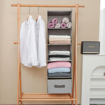 Large Hanging Sweater Organizer for Closet,Collapsible 6-Shelf Hanging Closet Shelves with Drawers, Washable (Grey-6 Shelf)