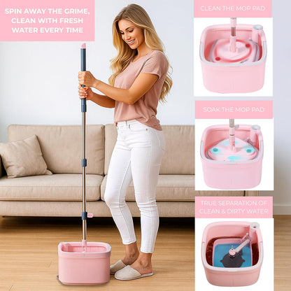 True & Tidy True Clean Spin Mop & Bucket System – Dual Compartment Design for Clean & Dirty Water, 360° Swivel Mop Head, Built-in Scrubbing Brush, Stainless Steel Handle & 2 Reusable Microfiber Pads