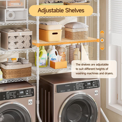 ONBRILL Expandable Over Washer and Dryer Shelves, 6 Tiers Laundry Room Organization and Storage with 2 Hanger Rods, 4 Hooks, Adjustable Height Metal Freestanding Clothes Drying Rack, Black