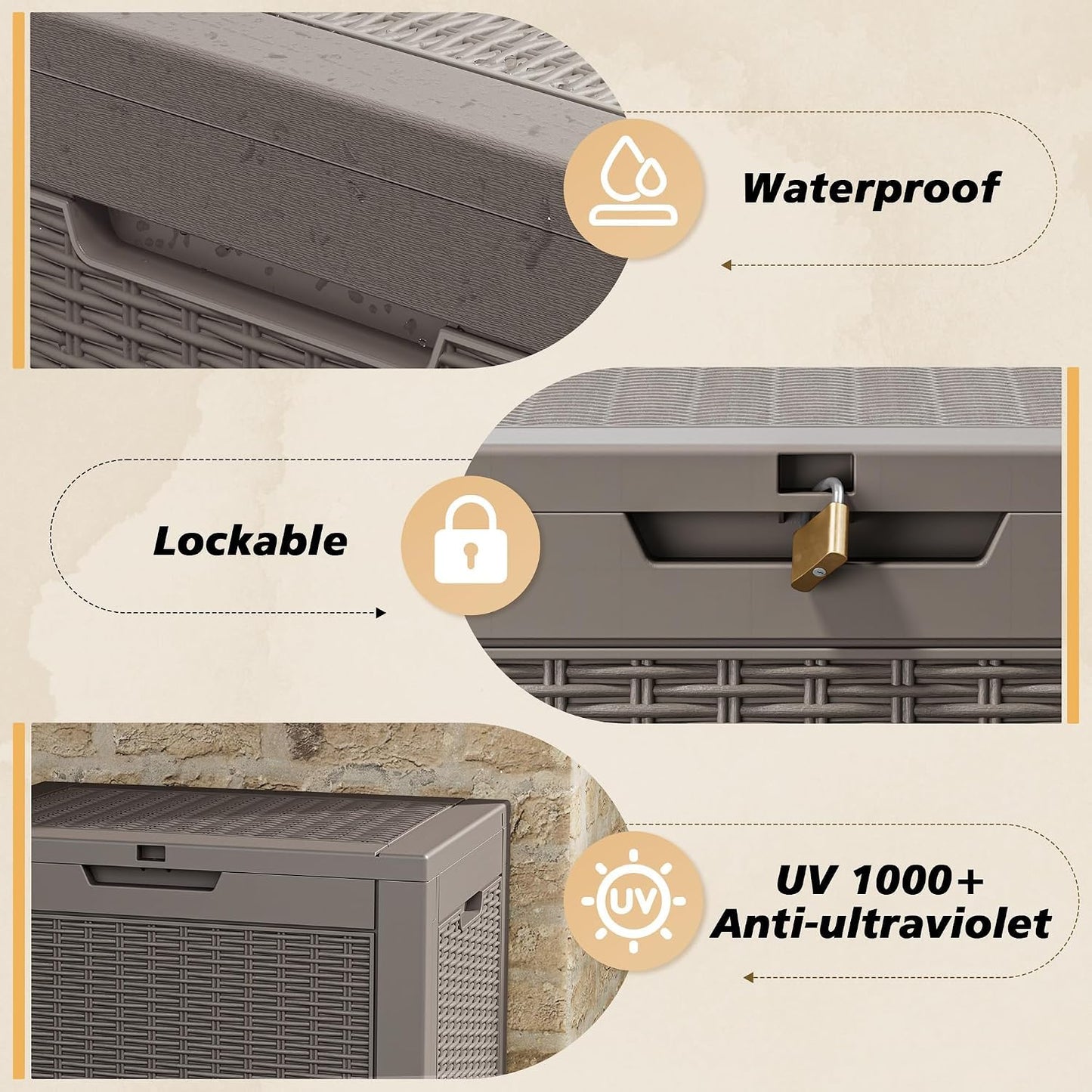 Fancyango 75 Gallon Outdoor Deck Box Waterproof, Large Storage Box for Patio, Resin Storage Bench Lockable for Garden Tools, Package Delivery, Black
