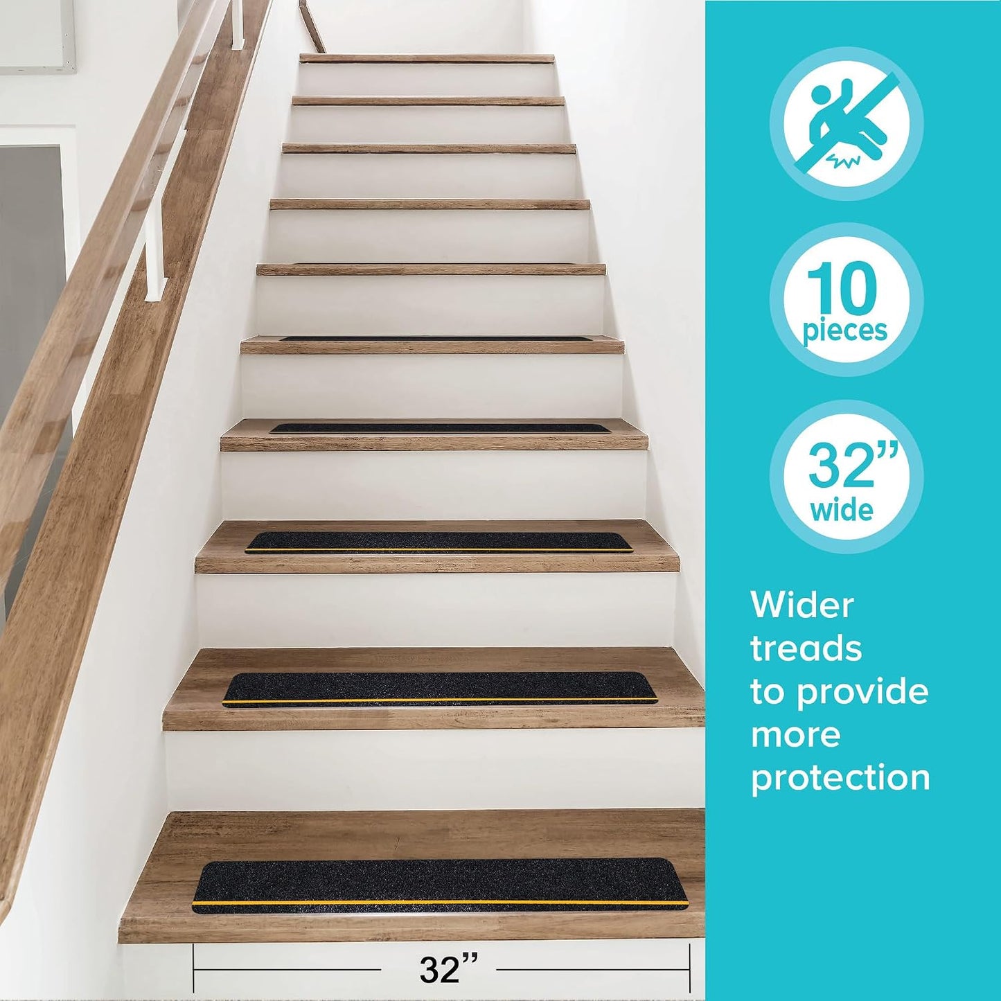 LifeGrip Anti Slip Traction Treads 10 Pack, 6"x32" with Glow in Dark Stripe, Best Grip Tape Grit Non Slip, Outdoor Non Skid Tape, High Traction Friction Abrasive Adhesive for Stairs Step