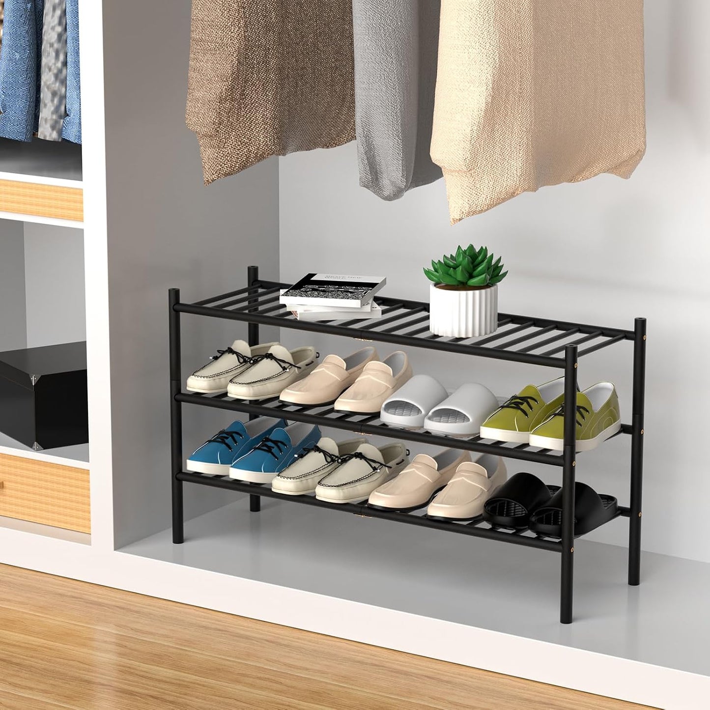 ROMGUAR CRAFT 3 Tier Bamboo Shoe Rack for Closet Free Standing Wood Shoe Shelf Storage Organizer for Entryway Small Space Stackable 27"x11"x20" (Natural)