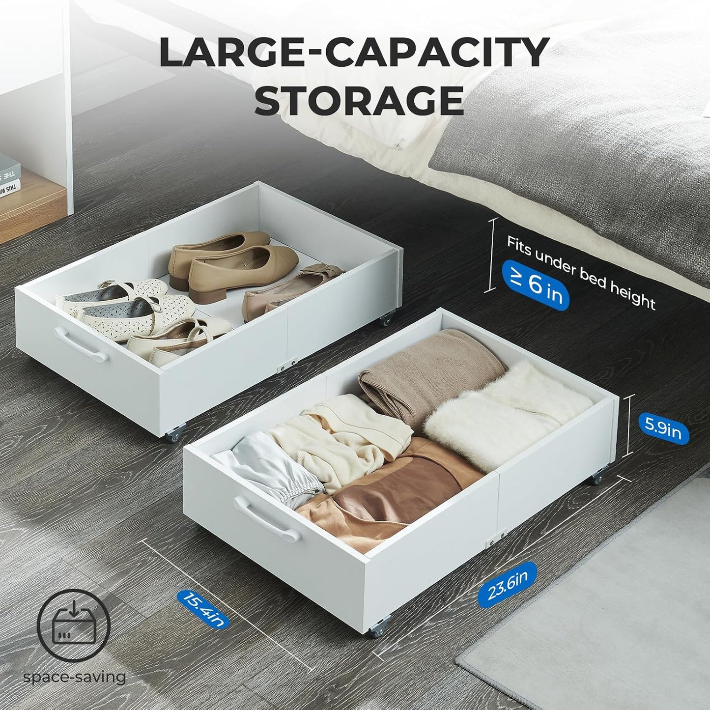 TIOPGHAD 2-Pack Under Bed Storage Drawers Organizer with Wheels, Brown | 58L total capacity, 80 lb per Drawer, Fits 6 in Bed Clearance, Rolling Drawers for Shoes, Clothes, Linens, Toys