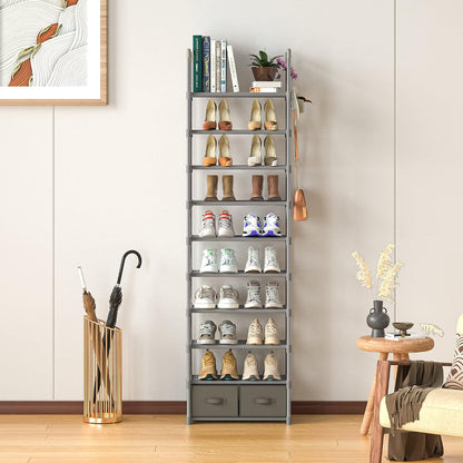 OYREL Tall Shoe Rack Narrow 10 Tier Shoes Rack 20 25 Pairs, Shoe Storage Organizer for Closet, Sturdy Metal Shoe Shelf Shoe Stand with 2 Boxes 1 Hook