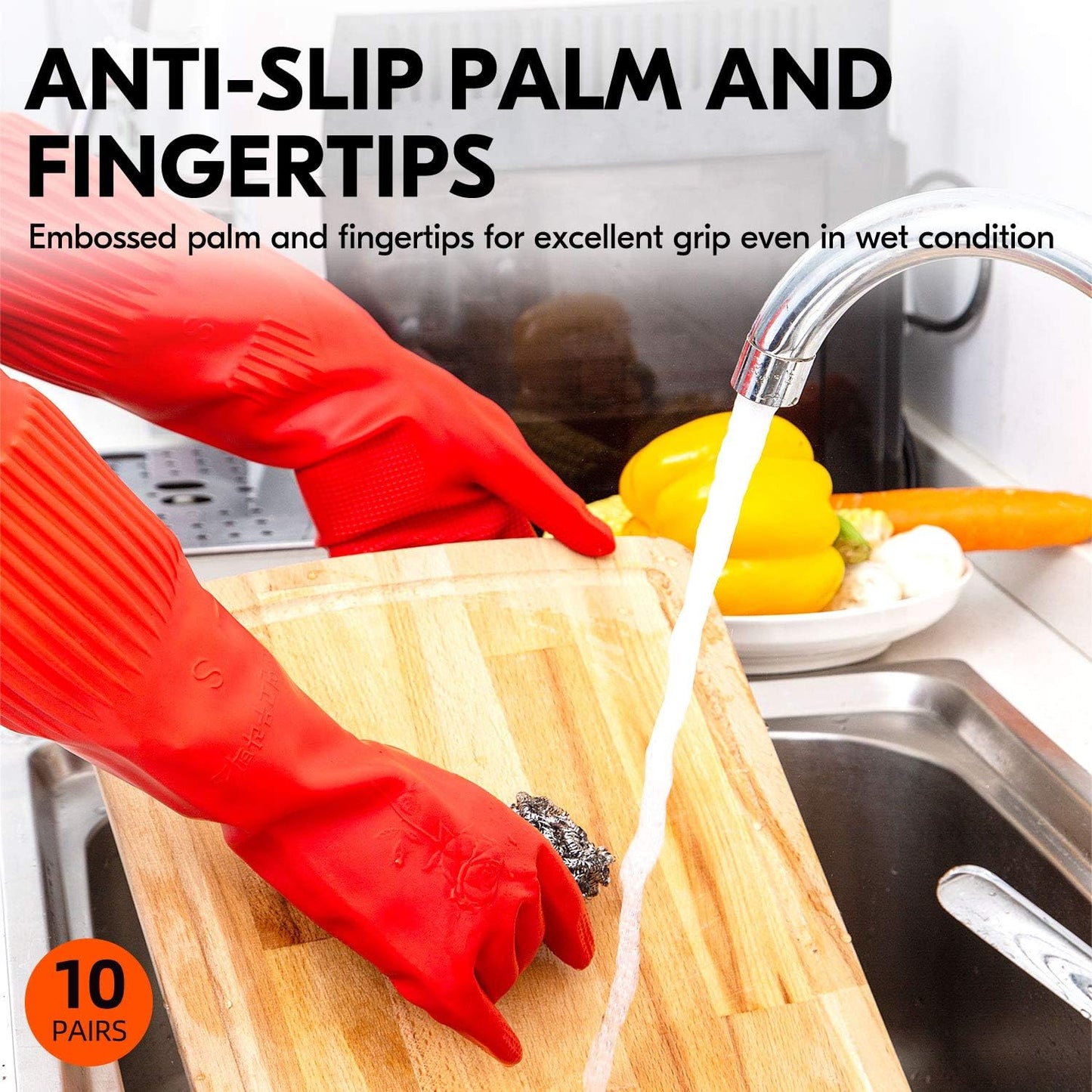 Vgo... 1-Pair Reusable Long Sleeve Thick Latex Dishwashing Gloves - Kitchen, Cleaning, Washing, Working, Painting, Gardening, Pet Care (Size M, Red, RB2143)