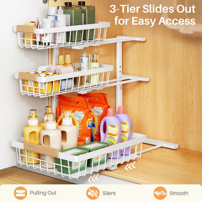 PXRACK Under Sink Organizer, 3-Tier 2-Pack Adjustable Height Pull Out Under Cabinet Organizer, Slide Out Thickened Metal Under Sink Storage for Kitchen Bathroom Laundry Pantry Organization, Black