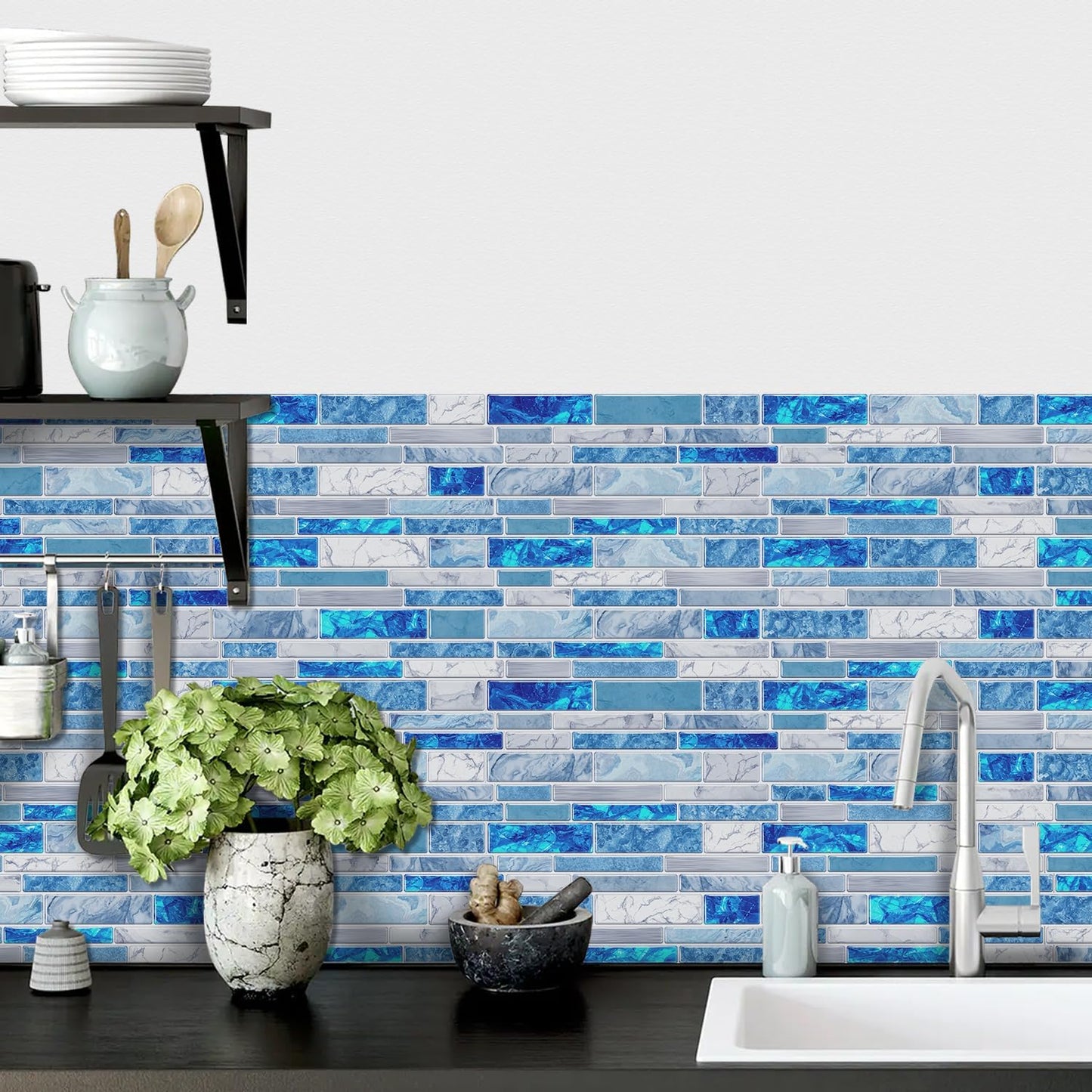 36 Sheets of Self Adhesive Marble Tile Wall Tiles Vinyl Sticker | 9.68 x 4.72in Water Resistant, Easy to Stick and Peel off, Suitable for DIY Decoration on Ceilings and Walls (Black)