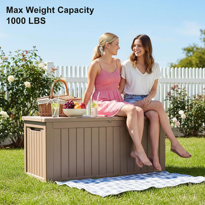 MAKINO 152 Gallon Resin Outdoor Storage Box, Waterproof Deck Box with Lockable Lid, Outside Storage Box for Patio Furniture, Pool Accessories, Garden Tools, Storage Bench for Backyard, Porch, Black