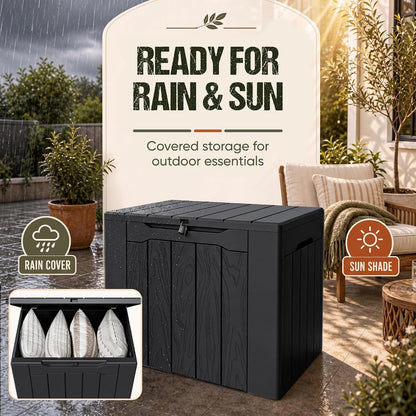 Flamaker Resin Deck Box 120 Gallon Waterproof Large Outdoor Indoor Storage Box Imitation Wood Resin for Patio Furniture Garden Tools and Pool (Black)