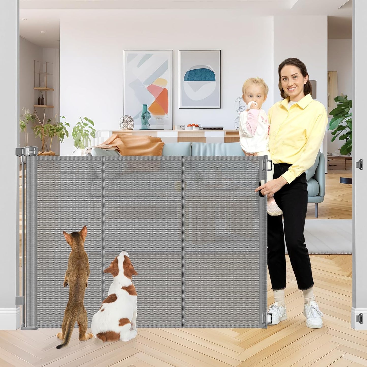 42 Inch Extra Tall Retractable Baby Gates with Reinforced Strips 55 Inch Wide Outdoor Retractable Dog Gate No Sag Extra Tall Baby Gate for Doorway Anti-Scratch Mesh Gates for Kids or Pets, White