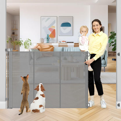 42 Inch Extra Tall Retractable Baby Gates with Reinforced Strips 55 Inch Wide Outdoor Retractable Dog Gate No Sag Extra Tall Baby Gate for Doorway Anti-Scratch Mesh Gates for Kids or Pets, White