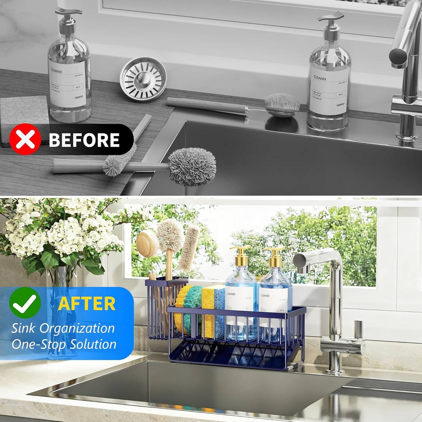 Cisily Sink Caddy Sponge Holder for Kitchen with Brush Holder and Stainless Steel Self Drain Tray, Rustproof Kitchen Sink Organizer for Sponge, Soap Dispenser Storage Accessories