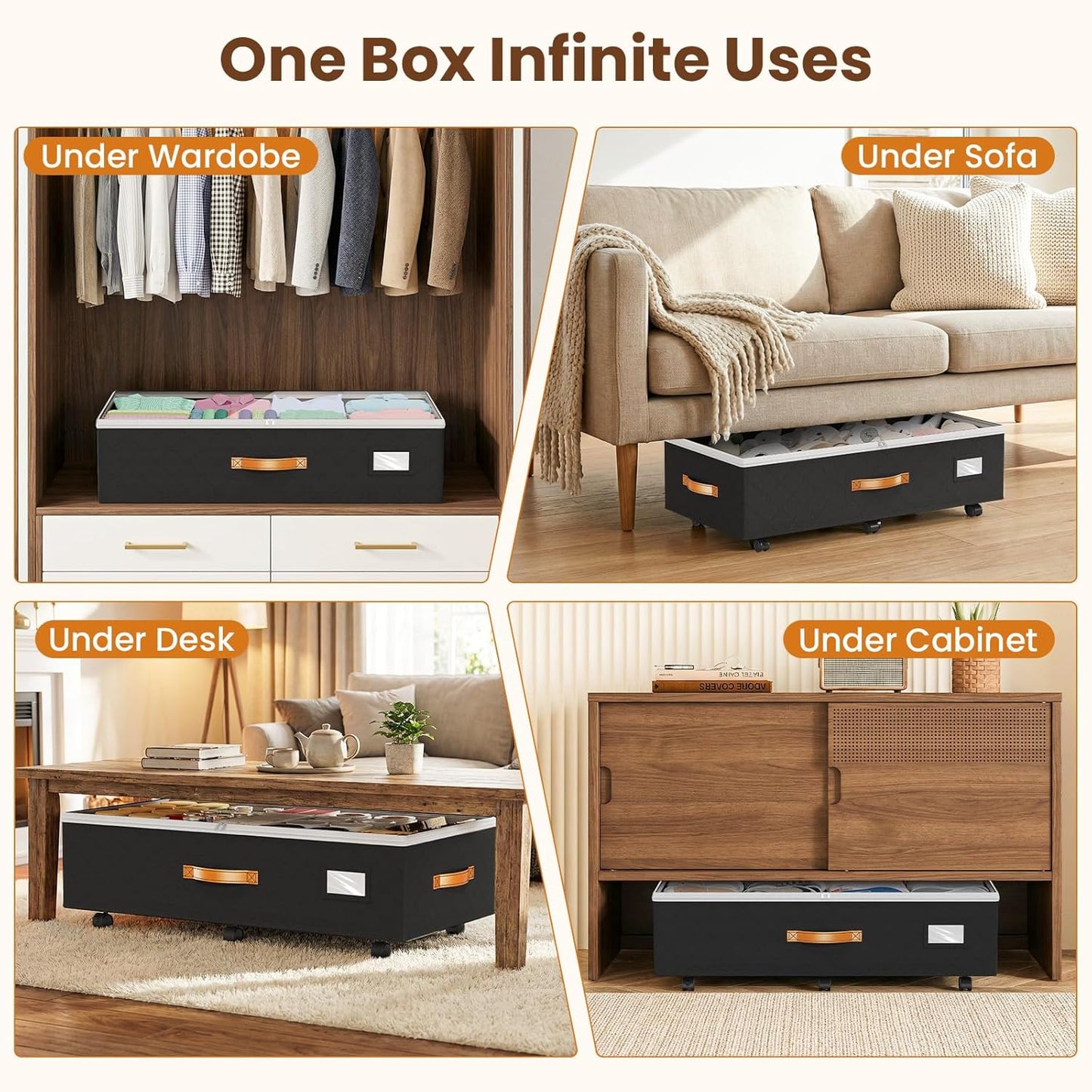 Budding Joy 80L 2 Pack Adjustable Under Bed Storage with Wheels | Underbed containers with clear lids, rolling under bed shoe storage organizer for dorm home clothes, blankets, toys, black