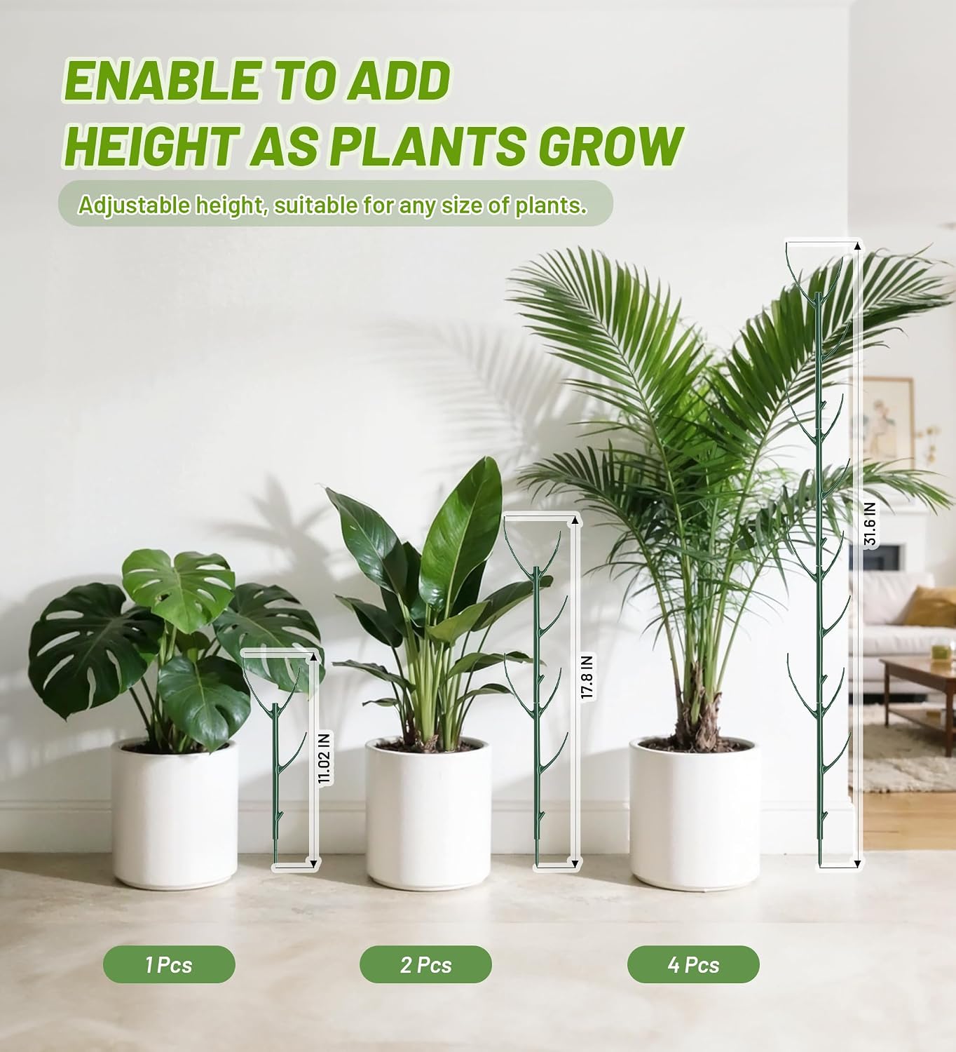 Plant Support Stakes, 6 Pcs Stackable Plant Support Poles with 20 Clips, 1 Roll Tie for Indoor Outdoor Monstera Climbing Plants, Green
