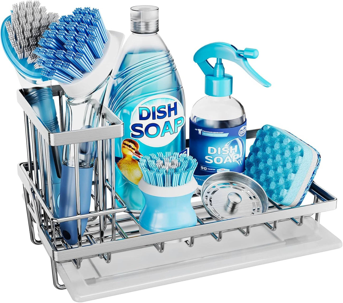 Consumest Sponge Holder for Kitchen Sink - Kitchen Sink Caddy Organizer with Removable Drip Tray for Countertop Dish Soap Dispenser Brush Storage Accessories 304 Stainless Steel - Black