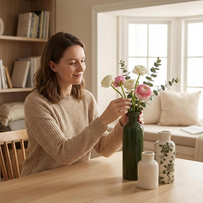 Ceramic Vase Set of 3 with Handles, Green White Neutral Rustic Modern Farmhouse Boho Decor, Versatile as Table Centerpiece or Mantel & Shelf Accent - Unique Home Gift Idea