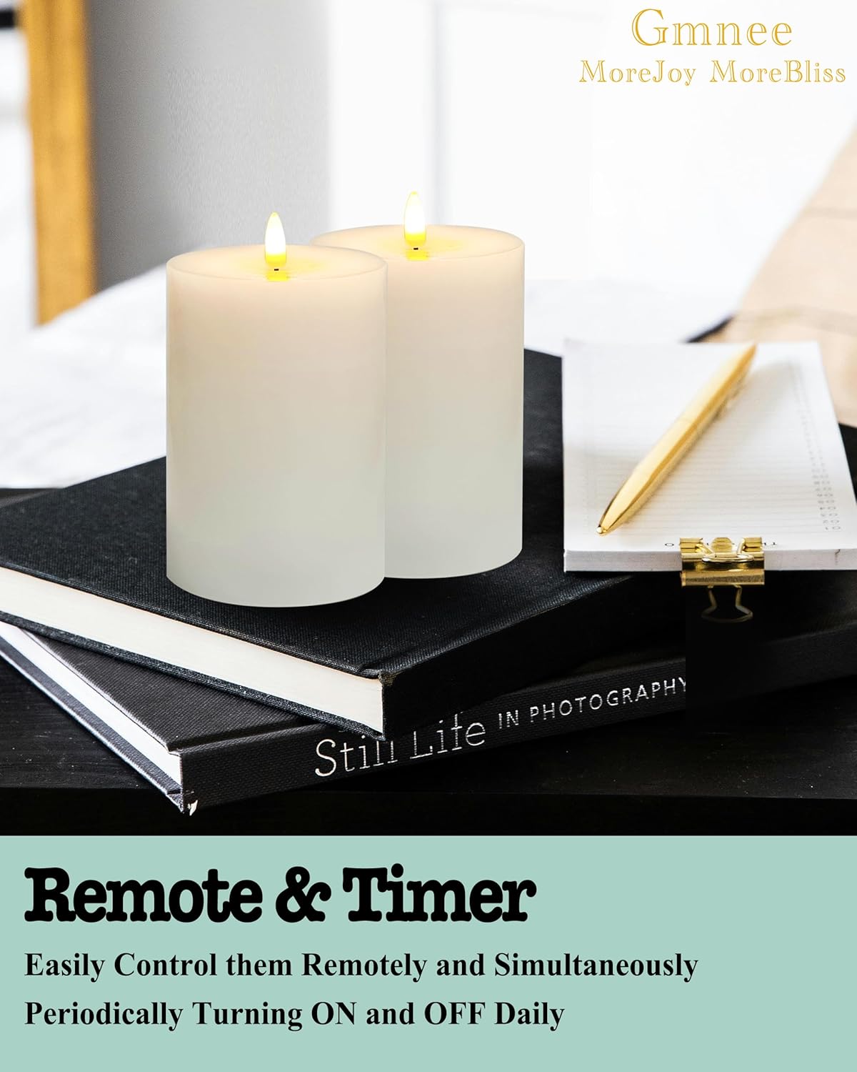 Gmnee 3"x4" Flickering Flameless Candles with Remote Timer, 3" Diameter White Pillar, Real Wax, Set of 2 Large Battery Operated LED Candles for Table and Fireplace Decor (H 4")