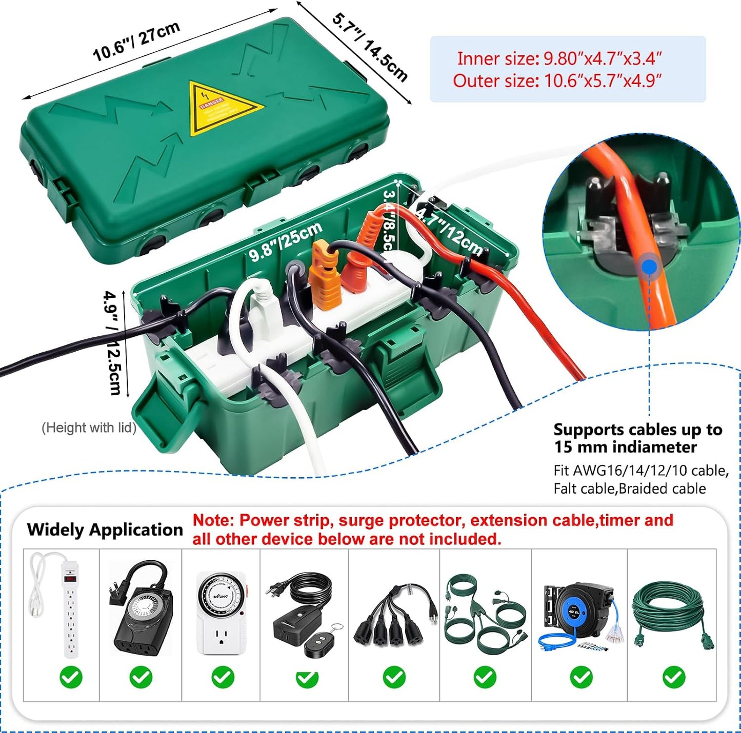 Hrensaw Large Outdoor Electrical Box(12.5x8.5x5inch),IP54 Waterproof Outdoor Outlet Covers,Weatherproof Extension Cord Covers Protect Outlet,Plug,Timer,Power Strip,Holiday Light,Green