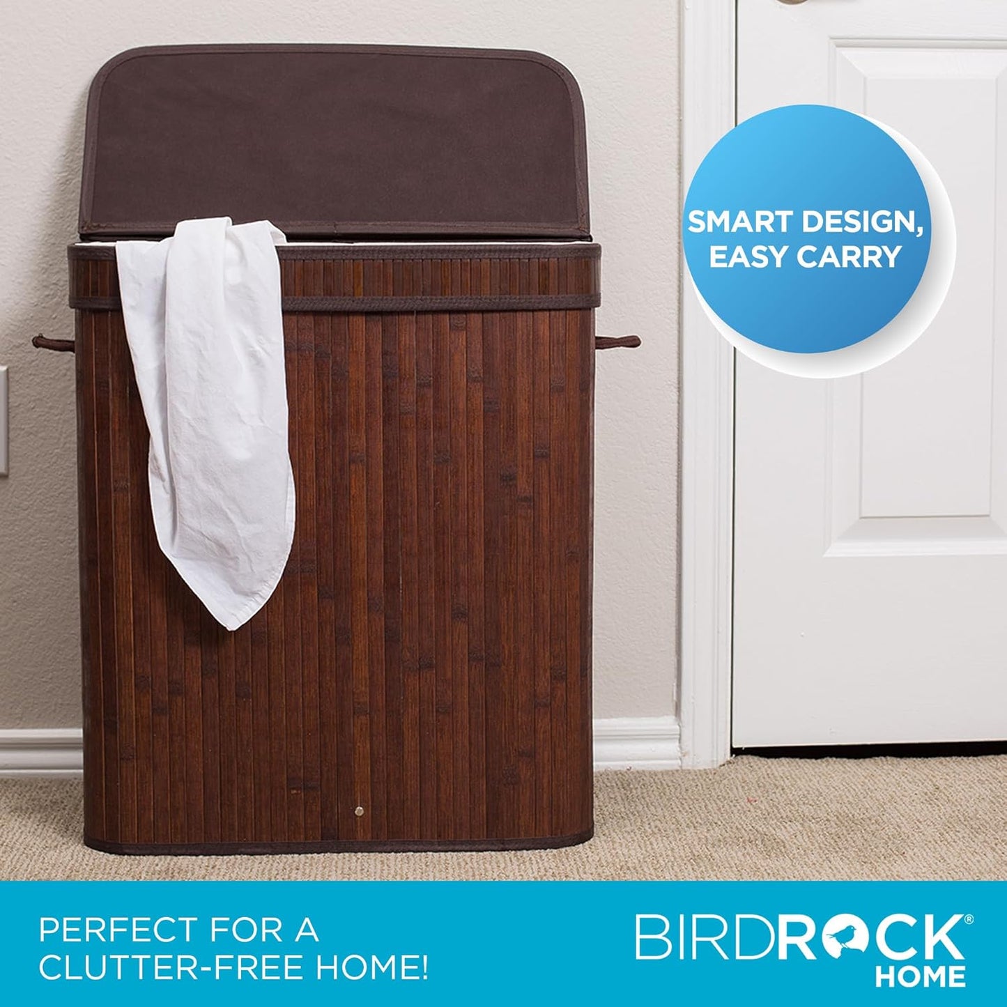 BirdRock Home Double Laundry Hamper with Lid and Cloth Liner | Bamboo | Espresso | Easily Transport Laundry Basket | 2 Section Collapsible Hamper | String Handles