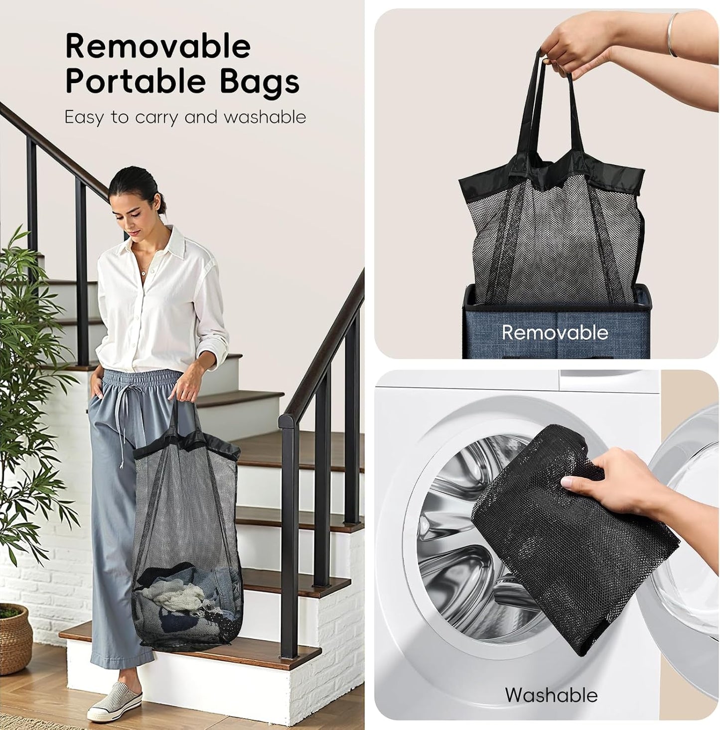 185L Laundry Hamper 3 Section, Laundry Hamper with Lid, Dirty Clothes Hamper with 3 Removable Washing Bags, Extra Large Laundry Basket Organizer for Bedroom, Laundry Room, Dorm - Black