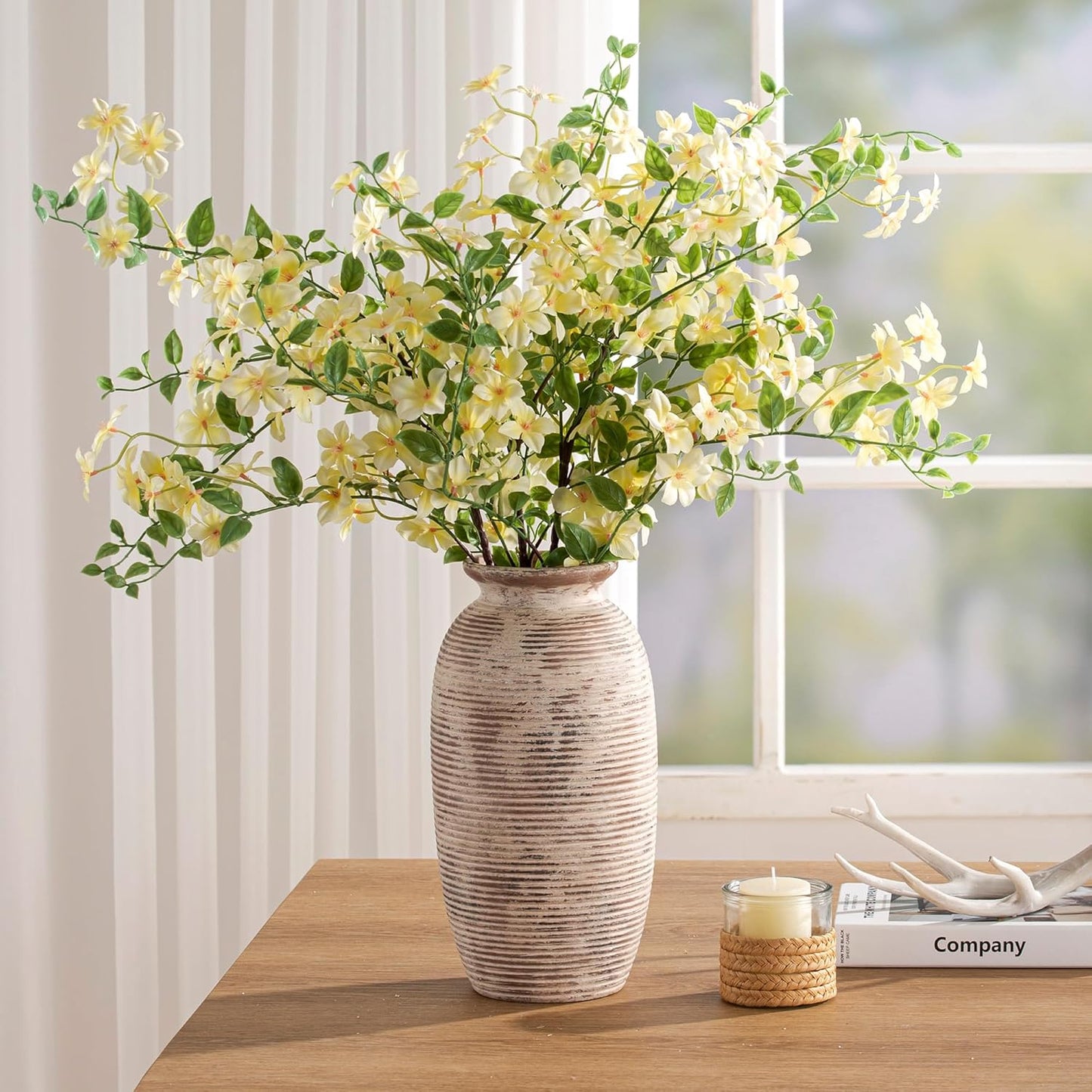 Ceramic Flower Vase, Small Rustic Farmhouse Vases Home Decor, Short Pottery Decorative Pampas Vase for Table Living Room Entryway Mantel Bookshelf Bedroom Bathroom Kitchen - 6" W