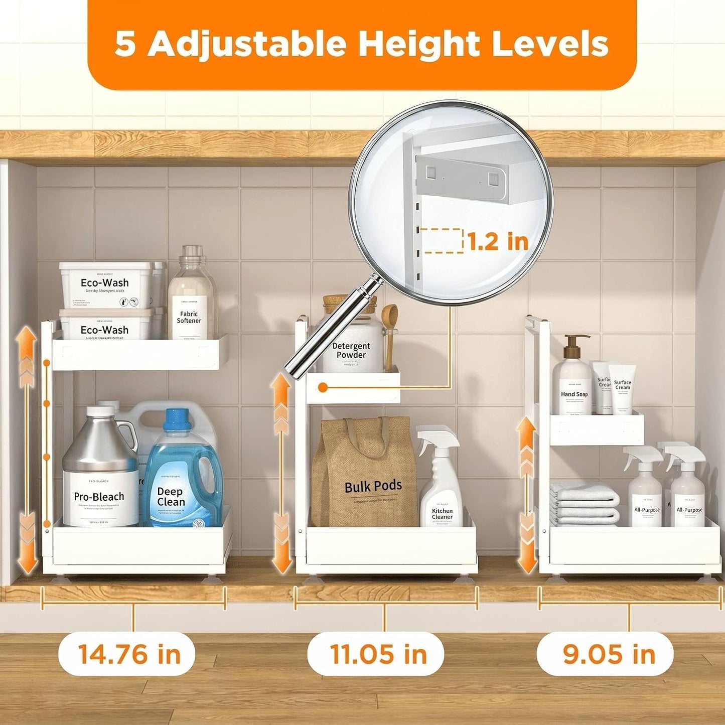 TATAANTY Under Sink Organizer, L-Shaped Metal 2-Tier Double Pull-Out Drawer for Kitchen & Bathroom Cabinets, Adjustable Height Storage - 50lbs Heavy Duty Waterproof 2PCS Height Adjustable