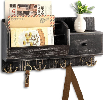 Rebee Vision Key and Mail Holder Wall Mount - Mail Organizer Wall Mount with Storage Hooks and Drawer for Modern Farmhouse Decor - Mail Organizer Wall Mounted for Rustic Apartment Essentials (Brown)