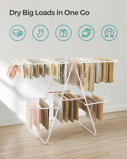 SONGMICS Clothes Drying Rack, with Sock Clips, Metal Laundry Rack, Foldable, Space-Saving, Free-Standing Airer, with 2 Height-Adjustable Gullwings, Indoor Outdoor Use, Gray ULLR052G01