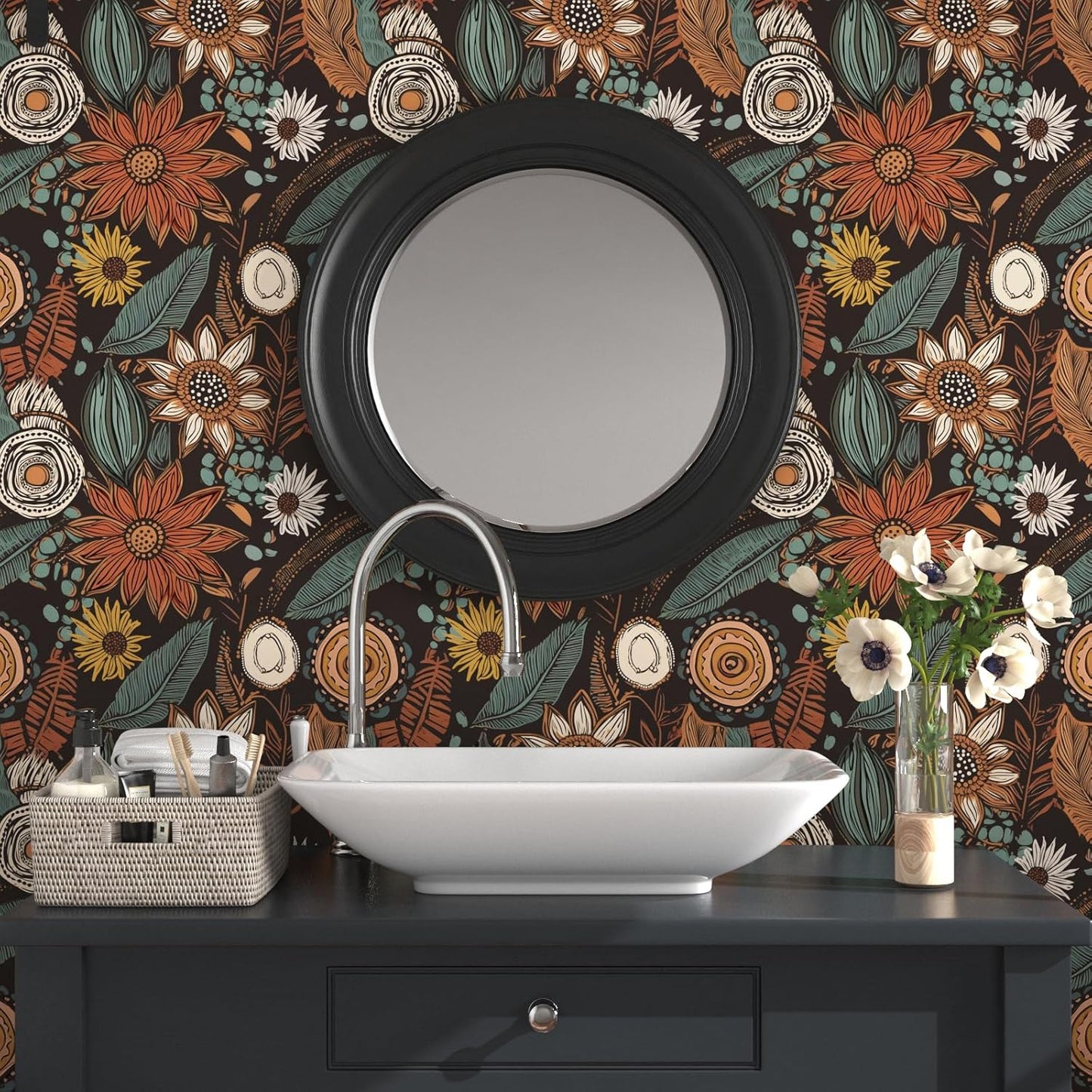Blue Wallpaper Peel and Stick,Vintage Boho Floral Contact Paper 17.5" x 118", Retro Botanical Flower Wall Paper Self Adhesive Removable Waterproof for Walls Shelves Cabinet Table (Blue,Yellow, Green)