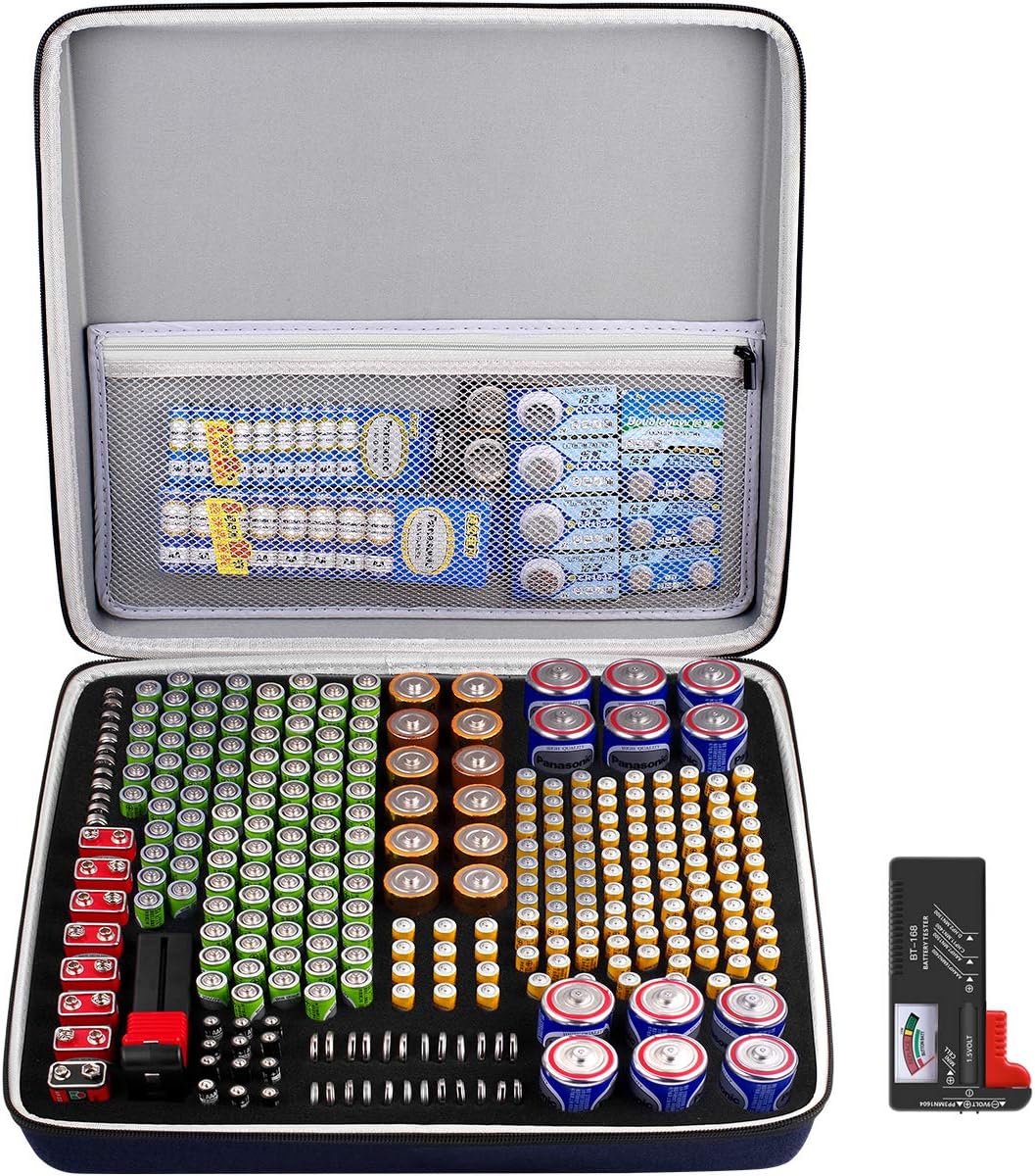 Comecase Battery Storage Case with Tester, Holds 148+ AA AAA C D 9V, Black | Hard-Shell Design, Carry Handle and Custom Foam Slots Keep Batteries Visible, Separated and Ready for Home, Garage or Office