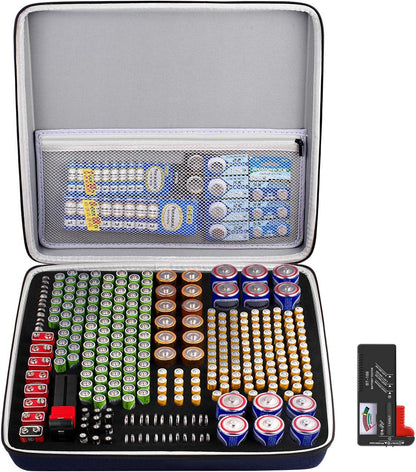 Comecase Battery Storage Case with Tester, Holds 148+ AA AAA C D 9V, Black | Hard-Shell Design, Carry Handle and Custom Foam Slots Keep Batteries Visible, Separated and Ready for Home, Garage or Office