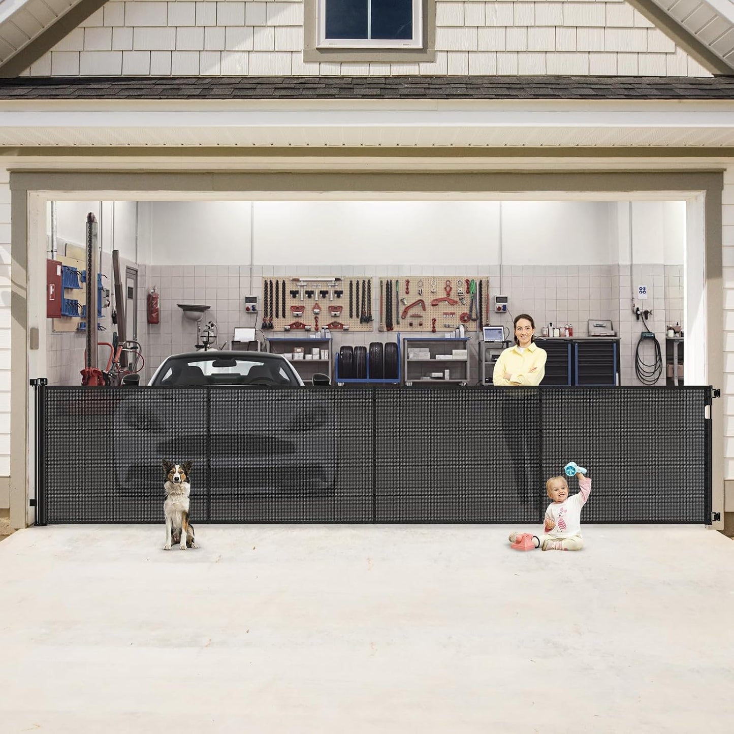 Reinforced 55" Wide Retractable Baby Gates with Reinforced Strips, Indoor/Outdoor Retractable Dog Gate for Doorway Prevent Bottom Drilling Through, No Bottom Bar Safety Mesh Baby Gate for Stair, Black
