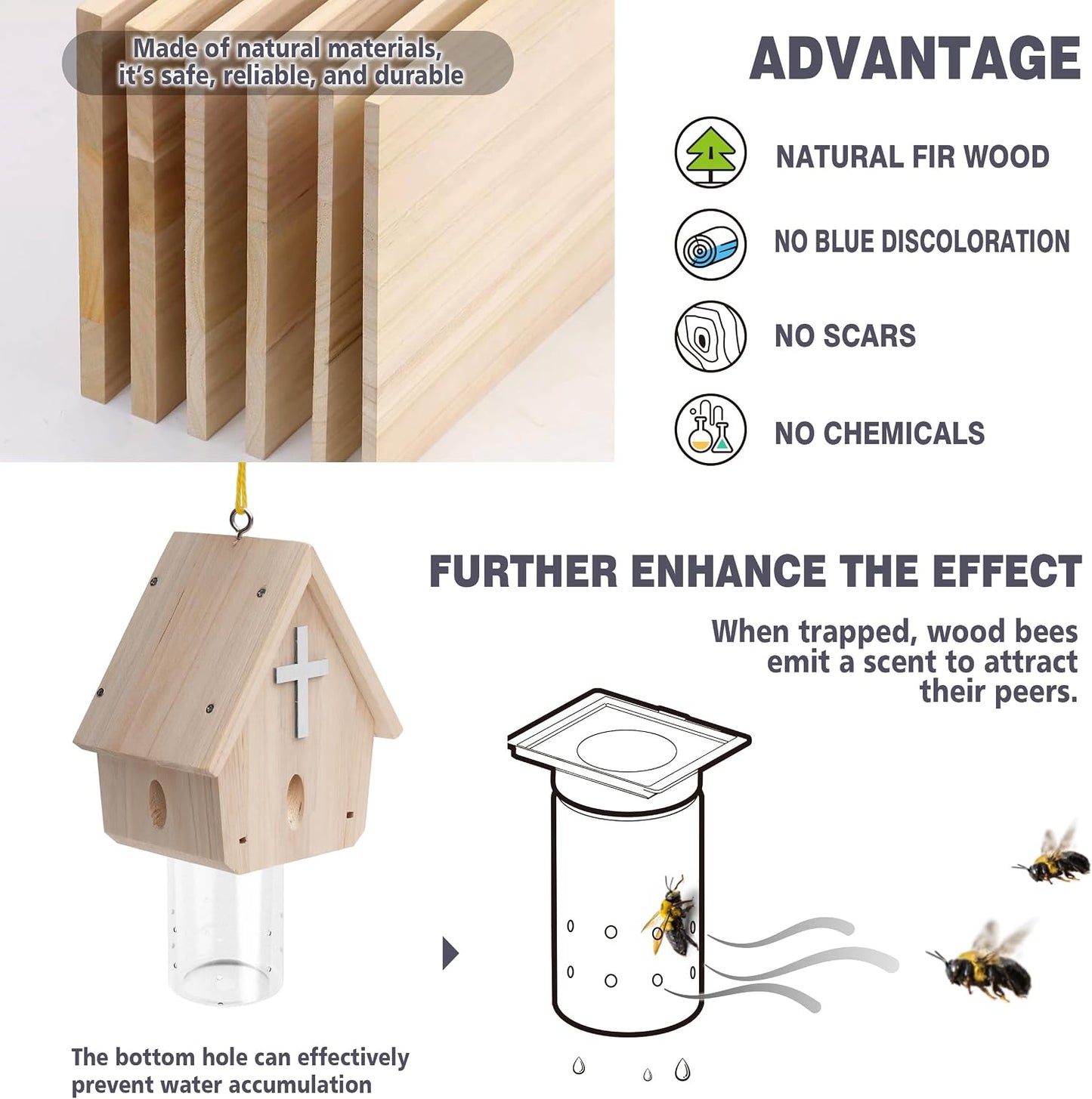 Carpenter Bee Trap for Outside - Church Style Nature Hanging Wood Carpenter Bee Traps Outdoor - Insect Traps with Removable Vault(1 Pack)