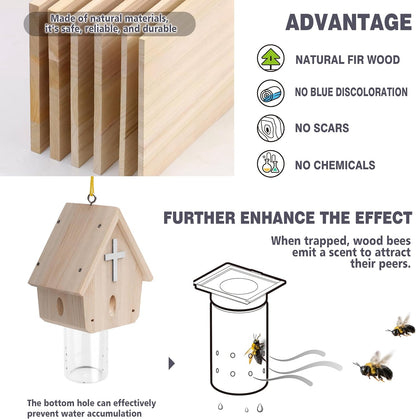 Carpenter Bee Trap for Outside - Church Style Nature Hanging Wood Carpenter Bee Traps Outdoor - Insect Traps with Removable Vault(1 Pack)