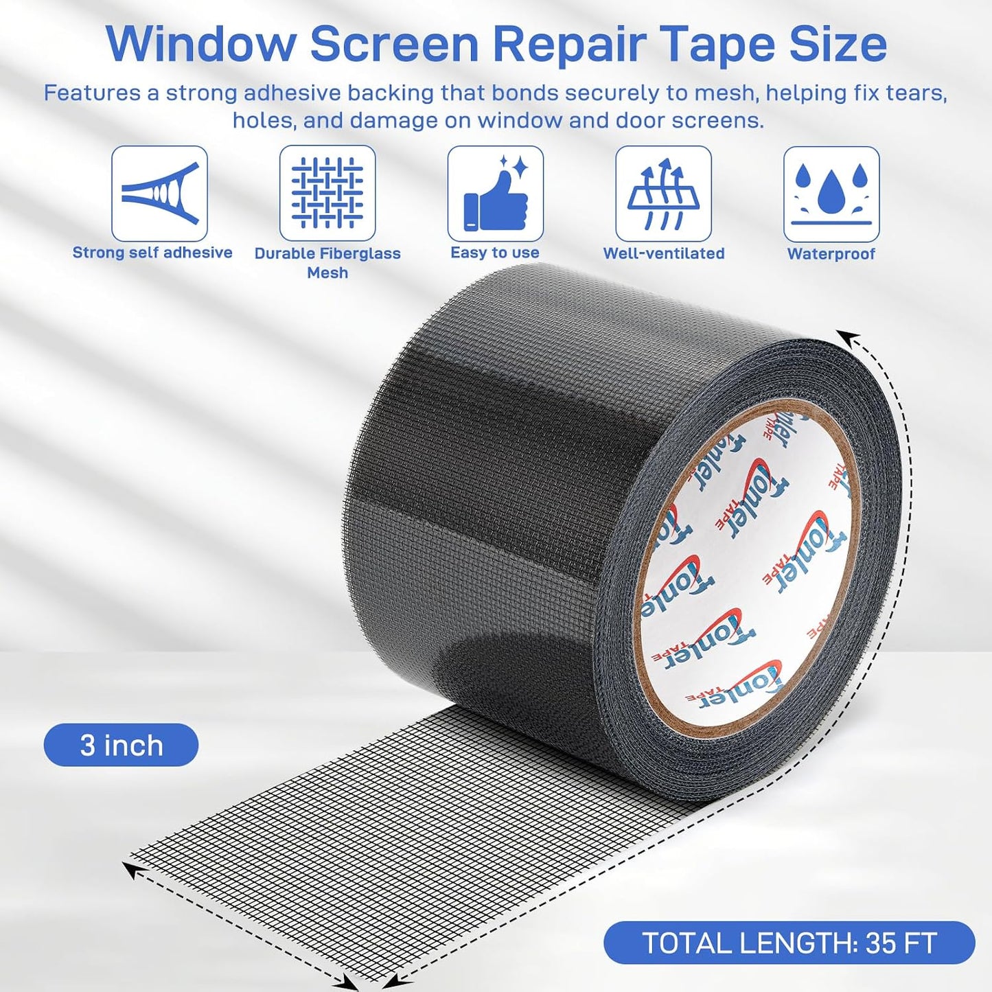 Gray Window Screen Repair Tape 2 in X 35 FT Fiberglass Screen Patch Strong Adhesive Mesh Tape for Window & Door Screen Holes & Tears Repair Kit