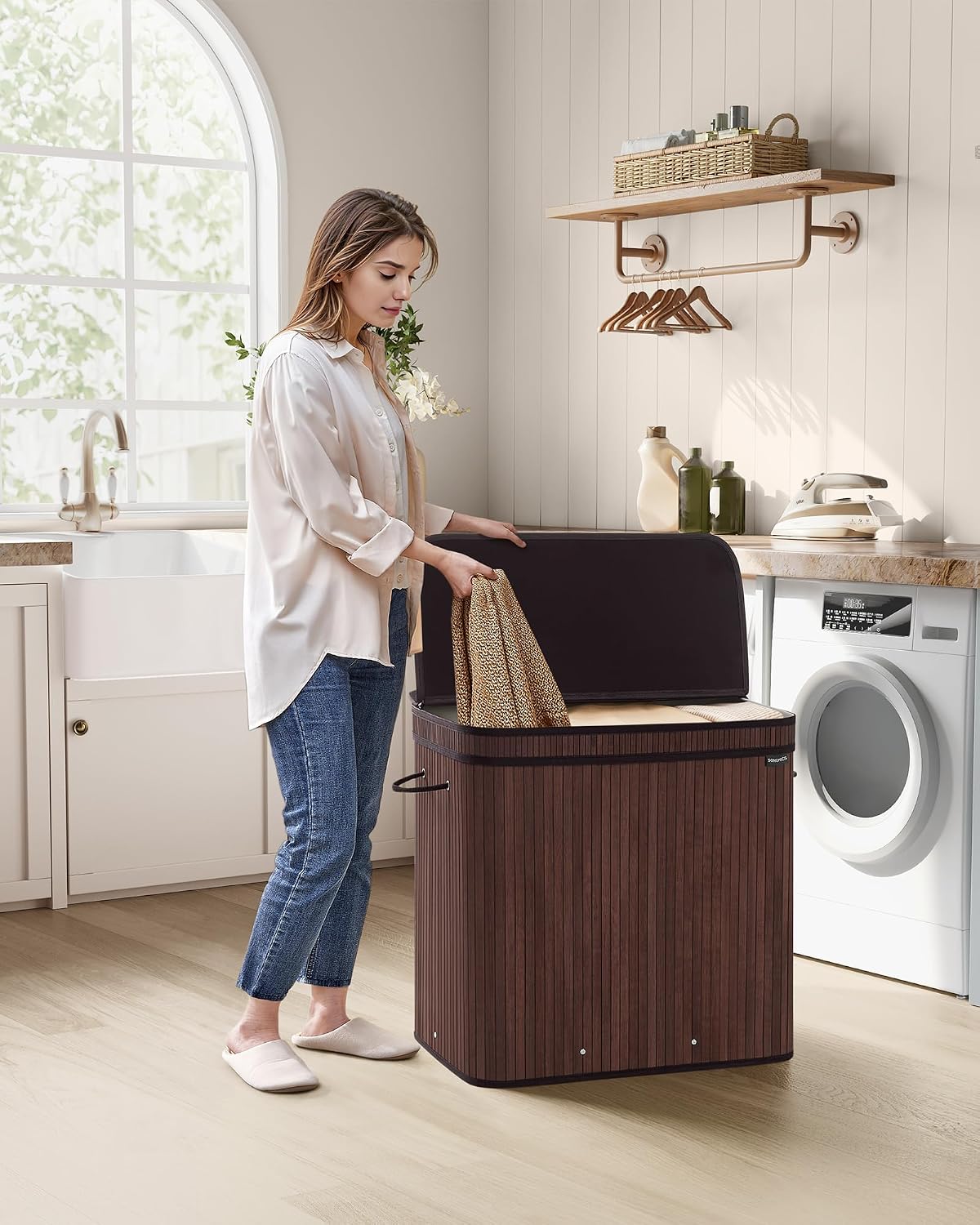 SONGMICS Laundry Hamper with Lid, Bamboo Launry Basket with Handles, Foldable Storage Basket for Laundry Room, Bedroom, 100L, Brown ULCB063K02
