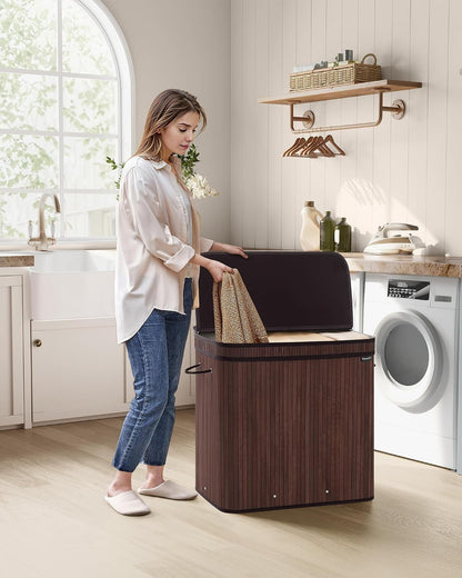 SONGMICS Laundry Hamper with Lid, Bamboo Launry Basket with Handles, Foldable Storage Basket for Laundry Room, Bedroom, 100L, Brown ULCB063K02
