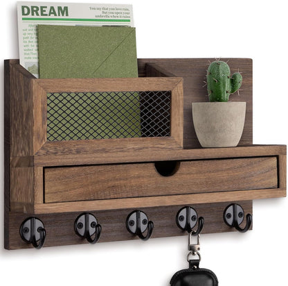 Key Holder Wall Mount, Key Holder for Wall with 5 Key Hooks and Storage Drawer Mail Organizer for Entryway Living Room Farmhouse Home Decor
