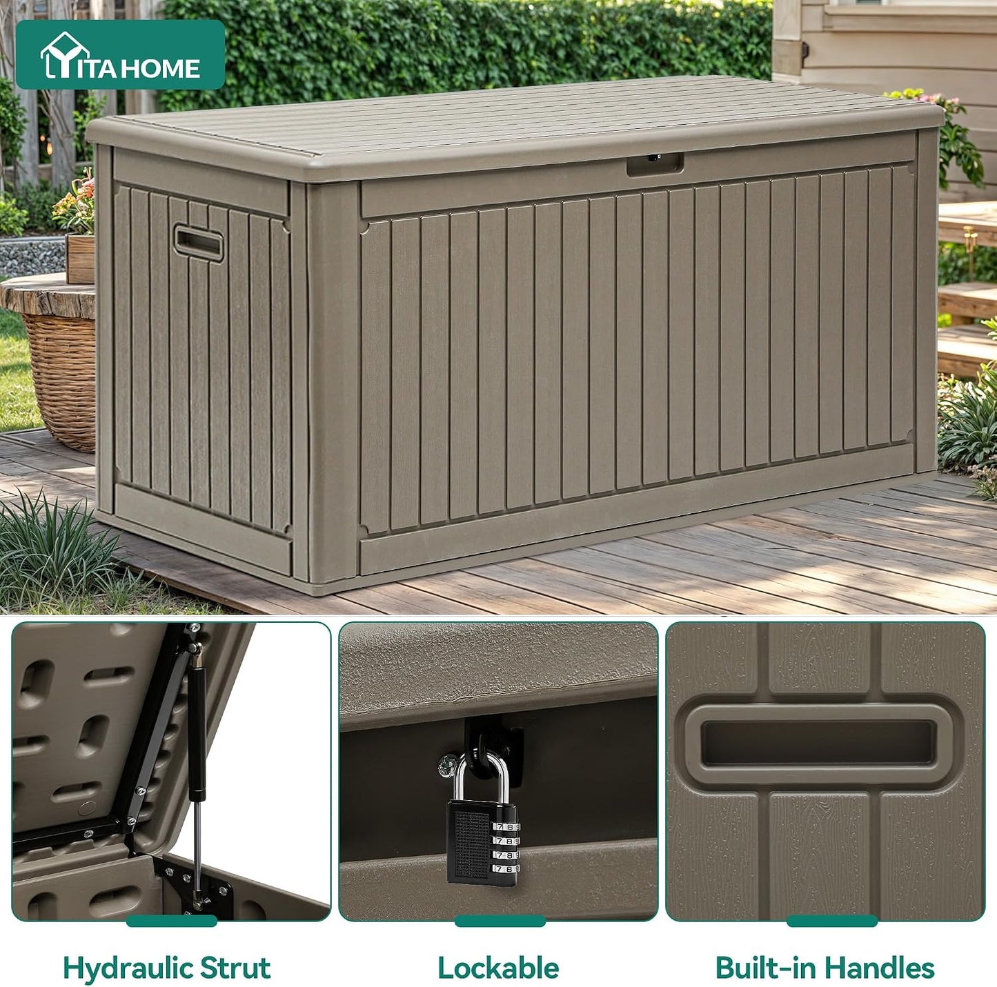YITAHOME 100 Gallon Large Outdoor Deck Box | Waterproof Resin Storage Box, Lockable Indoor Outdoor Storage Container for Patio Furniture Cushions, Pool Accessories