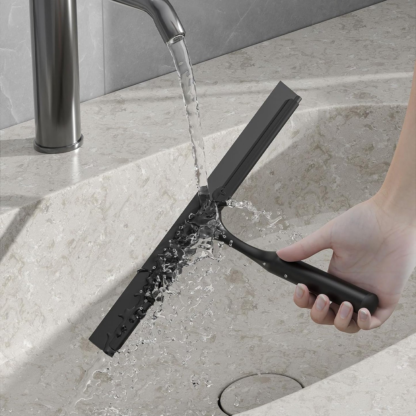 Stainless Steel Shower Squeegee for Glass Doors, Multi-Purpose Squeegee for Shower Glass, Bathroom and Car Windows, Squeegee with Adhesive Hook-10”, Black