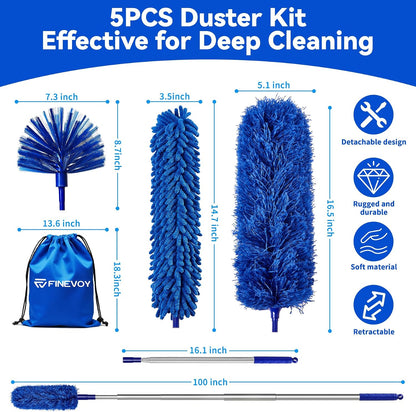 Dusters for Cleaning, Duster with Extension Pole 5 in 1 Kit, Cobweb Duster, Long Dusters for High Ceilings, Microfiber Dusters for Ceiling Fan, Blinds and Furniture