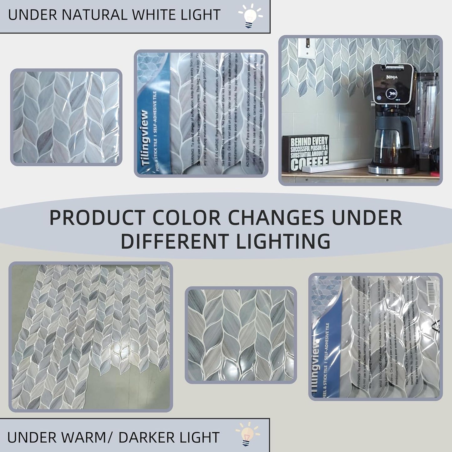 Tilingview 10 Pcs Vinyl Leaf Peel and Stick Tile for Kitchen Backsplash, Premium Self-Adhesive Tiles Plastic Wall Stickers Art Mosaics (Blue Gray)