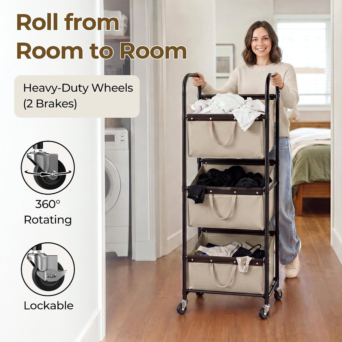 GRANNY SAYS 3 Section Tiered Laundry Sorter, Slim Vertical Laundry Hamper with Wheels, Narrow Rolling Laundry Cart with Removable Bags for Laundry Room, Bathroom, Closet, Dorm, Beige