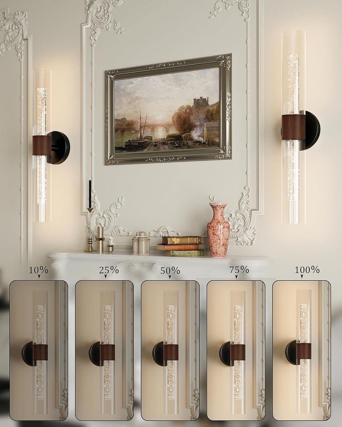 10000mAh Battery Operated Wall Sconce Set of 2, Rechargeable Wireless Wall Lights with Remote Control, Dimmable Timer 3 Color Temperature Glass Wall Lamp for Living Room Bedroom Gold 21.5 Inch