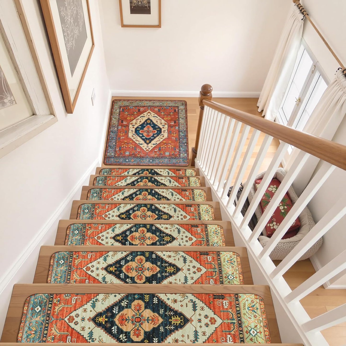 OJIA Non-Slip Carpet Stair Treads for Wooden Steps Set of 15, 30''X8'' Indoor Runner Resistant Rugs Rubber Safety Mats for Dogs, Kids & Elders, Stairway Grip