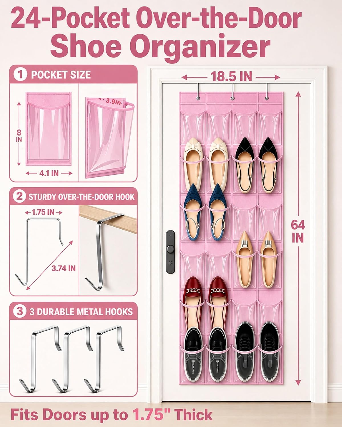 Over the Door Shoe Organizer with 24 Crystal Clear Pockets and Metal Hooks – Heavy Duty Hanging Shoe Storage Rack for Closet, Bathroom, Dorm – Space Saving for Shoes, Accessories, Toys (White)