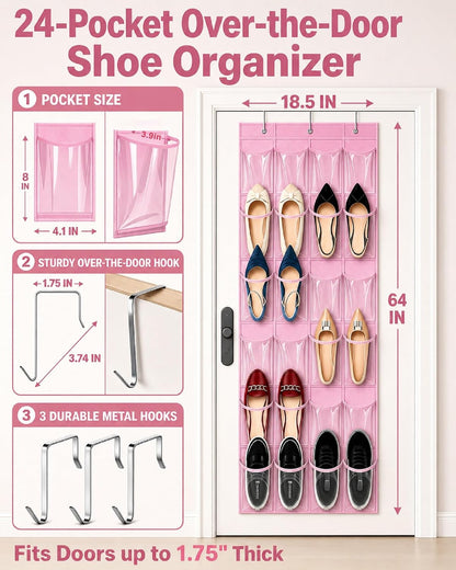 Over the Door Shoe Organizer with 24 Crystal Clear Pockets and Metal Hooks – Heavy Duty Hanging Shoe Storage Rack for Closet, Bathroom, Dorm – Space Saving for Shoes, Accessories, Toys (White)